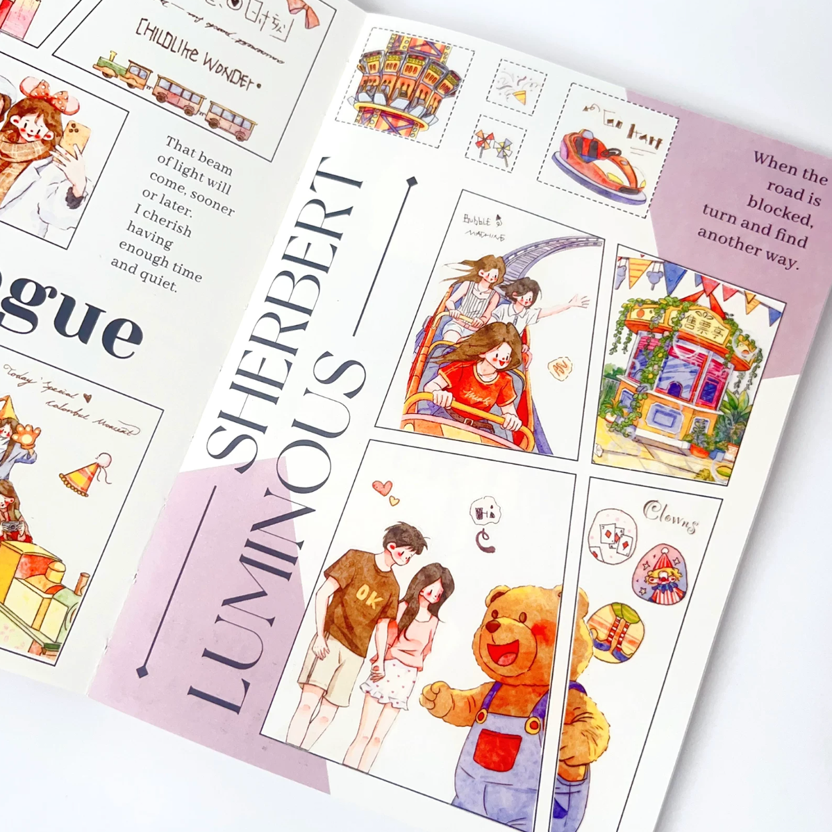 Amusement park decorative tape on a journal spread with character couple, bear mascot, and colorful park panels