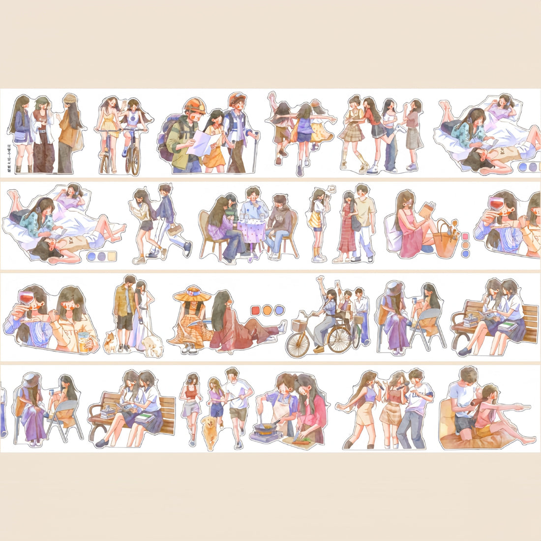 Little Moments character tape close-up with couples, dog, bicycle, and walking figures