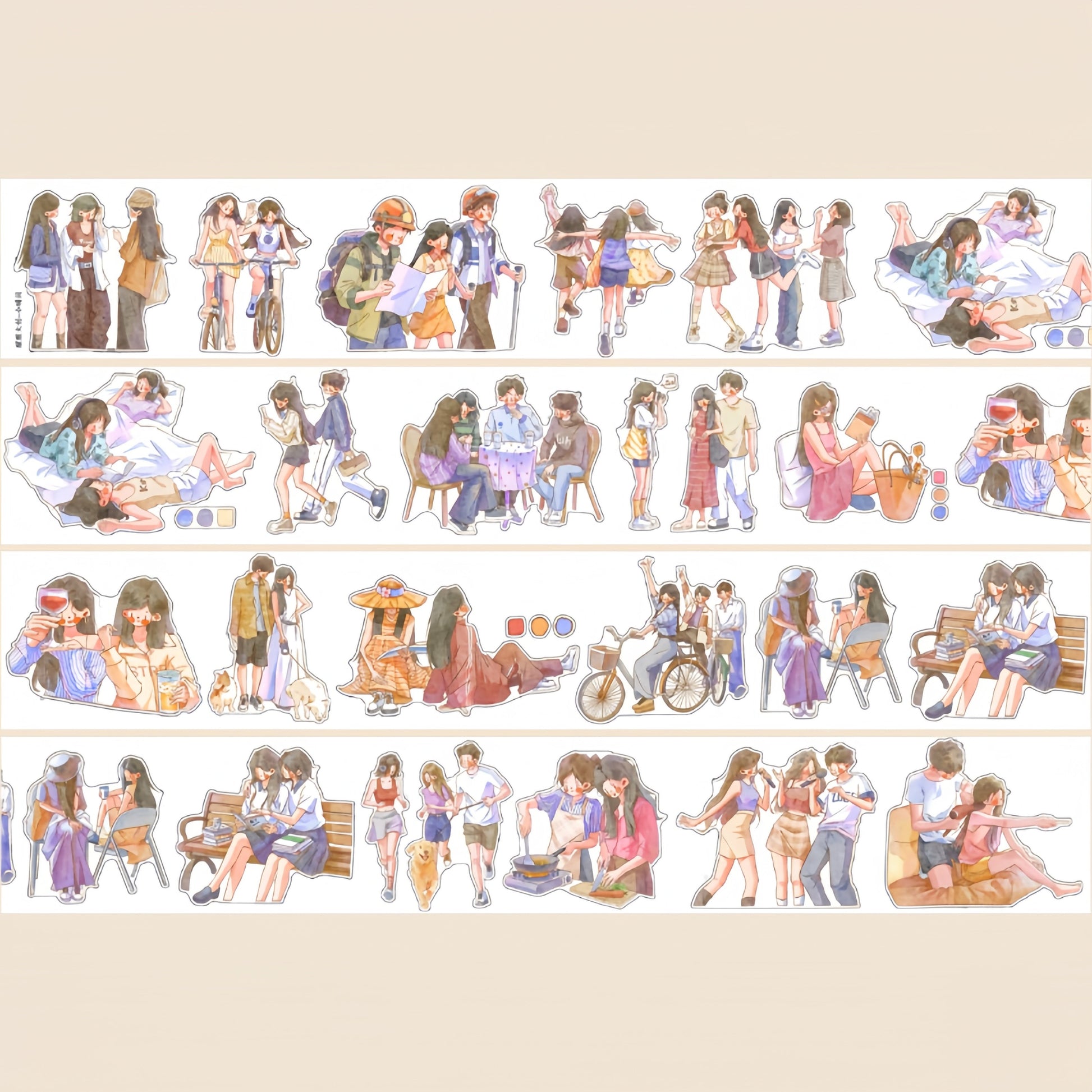 Little Moments decorative tape layout with character pairs, bicycles, sitting poses, and daily-life scenes