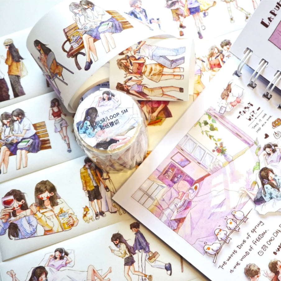 Little Moments Decorative Tape roll and strips with character scenes, pets, and journal accents