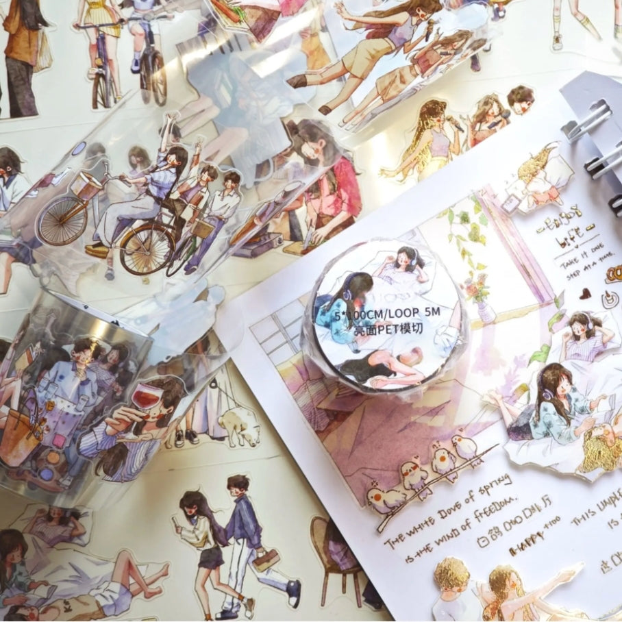 Little Moments Character Decorative Tape with friends, bicycles, benches, pets, and soft everyday text