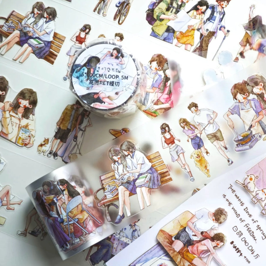 Little Moments character tape close-up with seated girl, dog, and cozy friend scenes