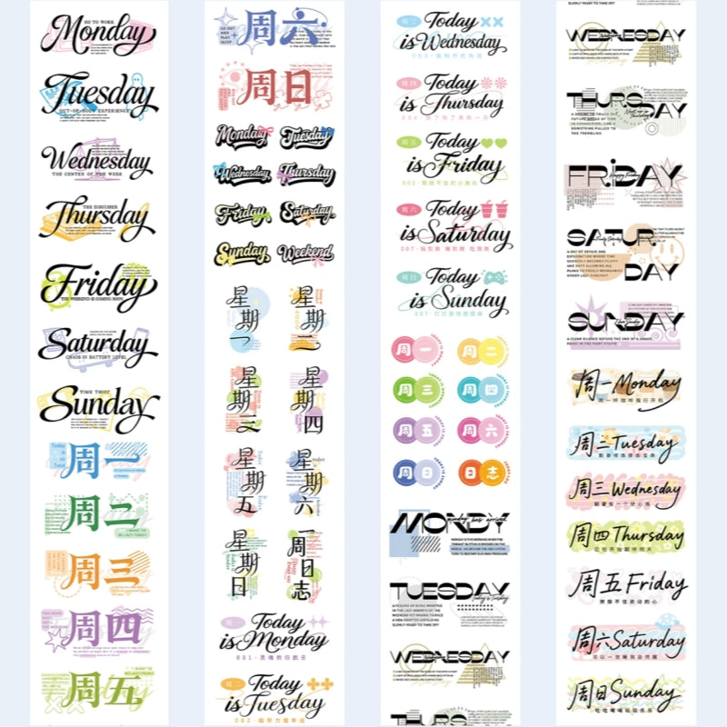 Weekly Planner Text Decorative Tape layout with weekday strips, monthly labels, colorful icons, and typography styles