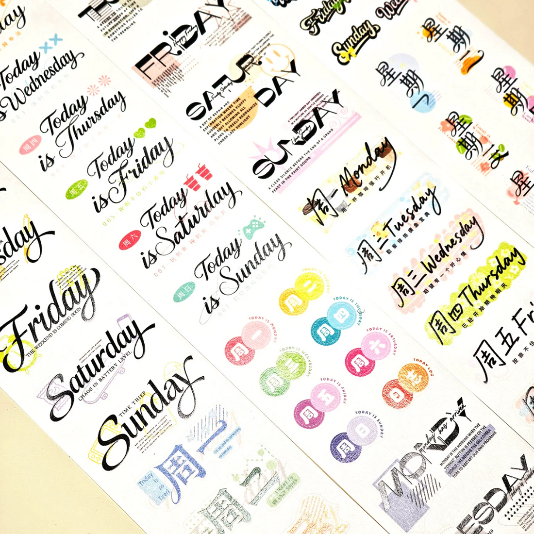 Weekly Planner Text Decorative Tape with weekday labels, Chinese and English date words, and small icons