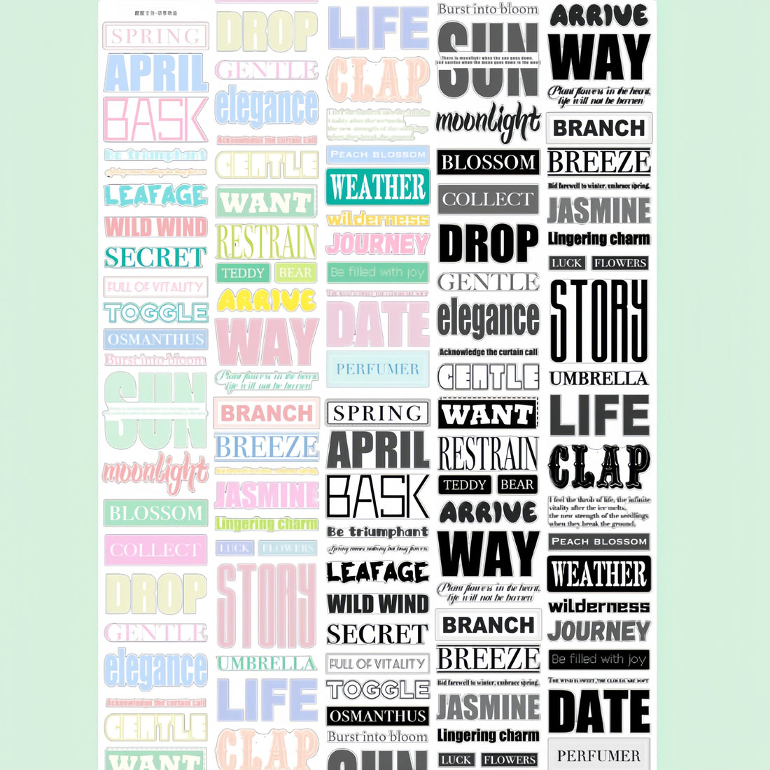 Early Spring Text Decorative Tape with pastel and black typography labels, spring words, and date phrases