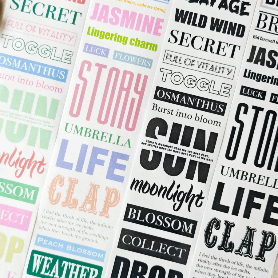 Early Spring text tape close-up with pastel and black label typography for journaling accents