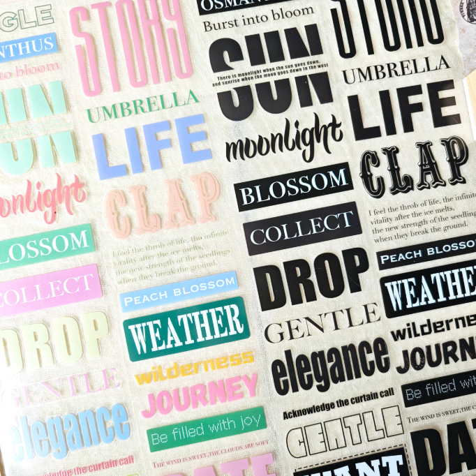 Early Spring text tape close-up with pastel words, black labels, weather phrases, and layered typography