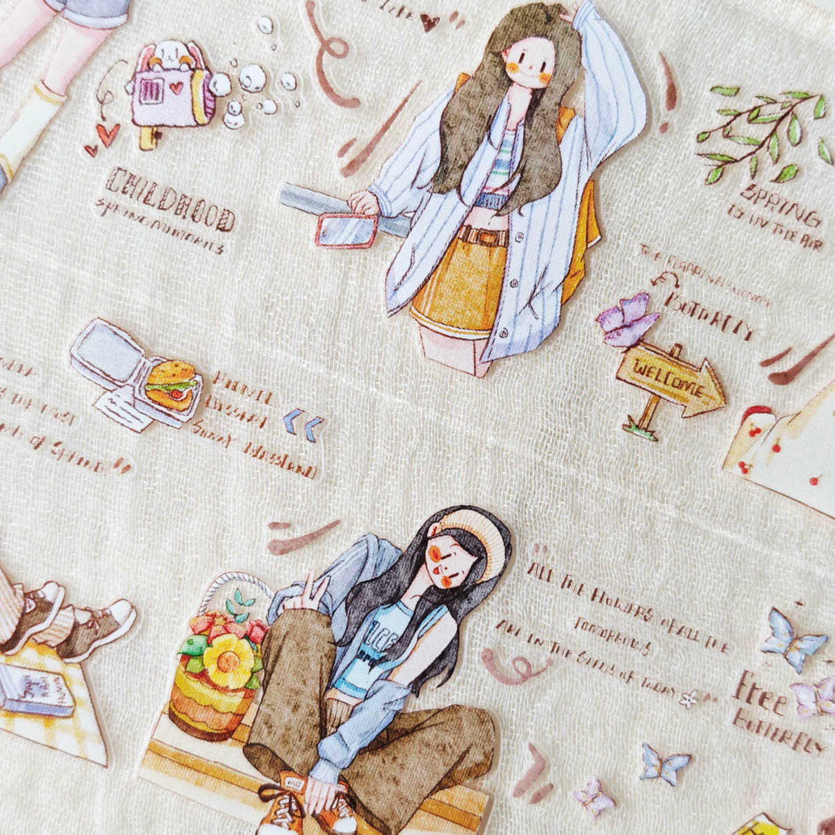 Leisure Stroll Character Decorative Tape close-up with seated girl, basket, book, and daily-life accents