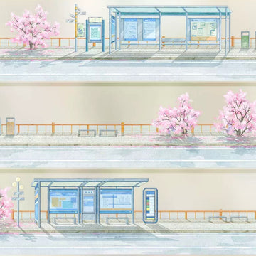 Street station decorative tape with platforms, blue shelters, railings, cherry blossoms, and pale road scenes