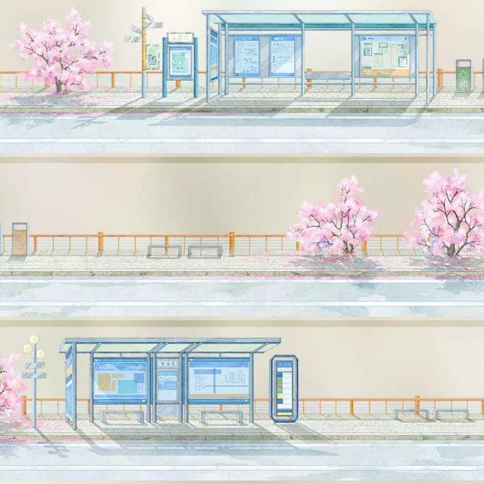 Street station decorative tape with platforms, blue shelters, railings, cherry blossoms, and pale road scenes