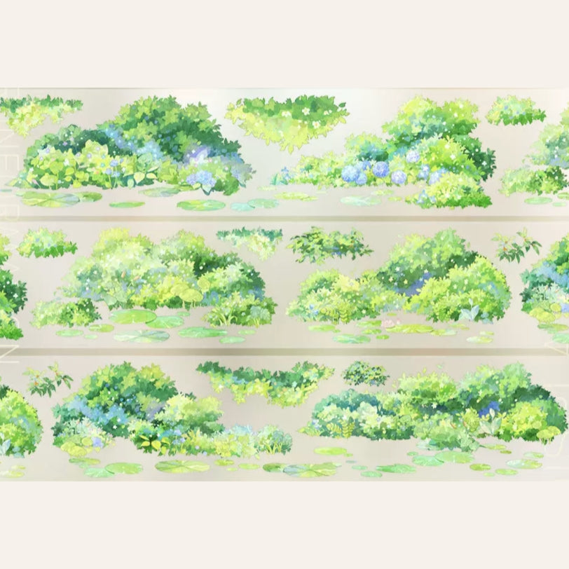 Waterside greenery decorative tape with leafy trees, river edges, grassy banks, and soft natural borders