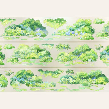 Waterside greenery decorative tape with leafy trees, river edges, grassy banks, and soft natural borders