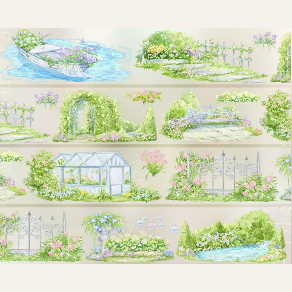 Blooming garden courtyard decorative tape with greenhouse frames, gates, ponds, flowers, and greenery