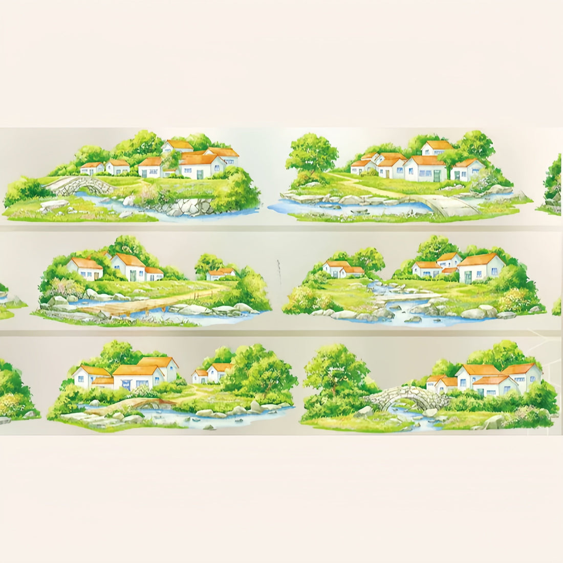 Summer village waterside decorative tape with houses, rivers, green banks, and peaceful village scenes