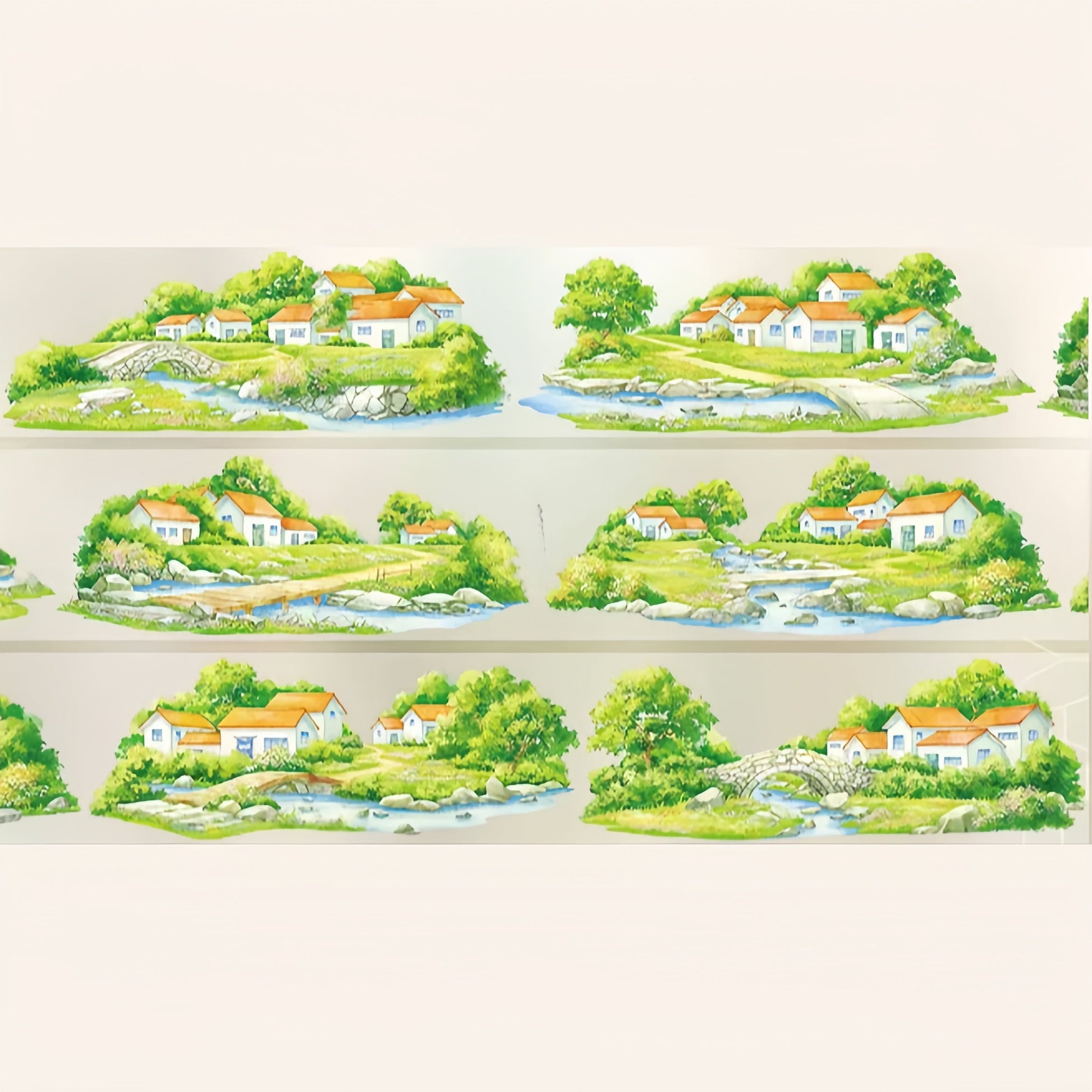 Summer village waterside decorative tape with houses, rivers, green banks, and peaceful village scenes