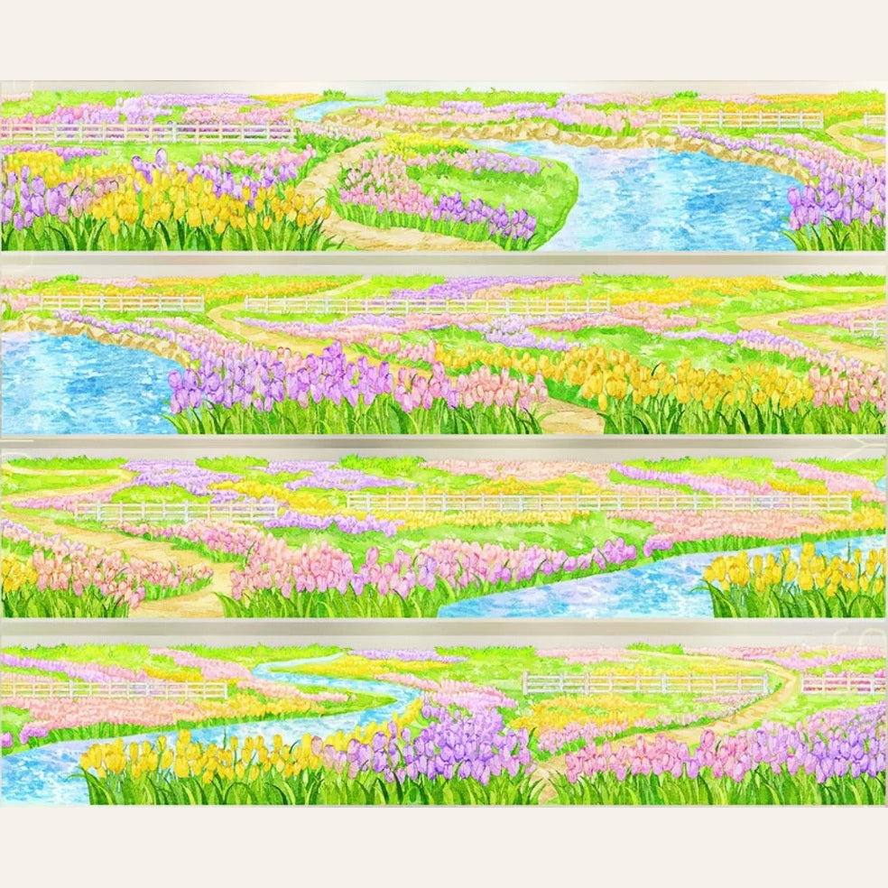 Spring flower field decorative tape with colorful field rows, streams, and open countryside views