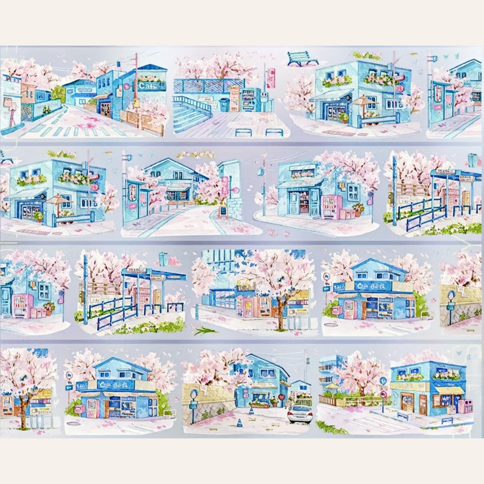 Pale blue spring street decorative tape with storefronts, houses, blossoms, and soft neighborhood scenes
