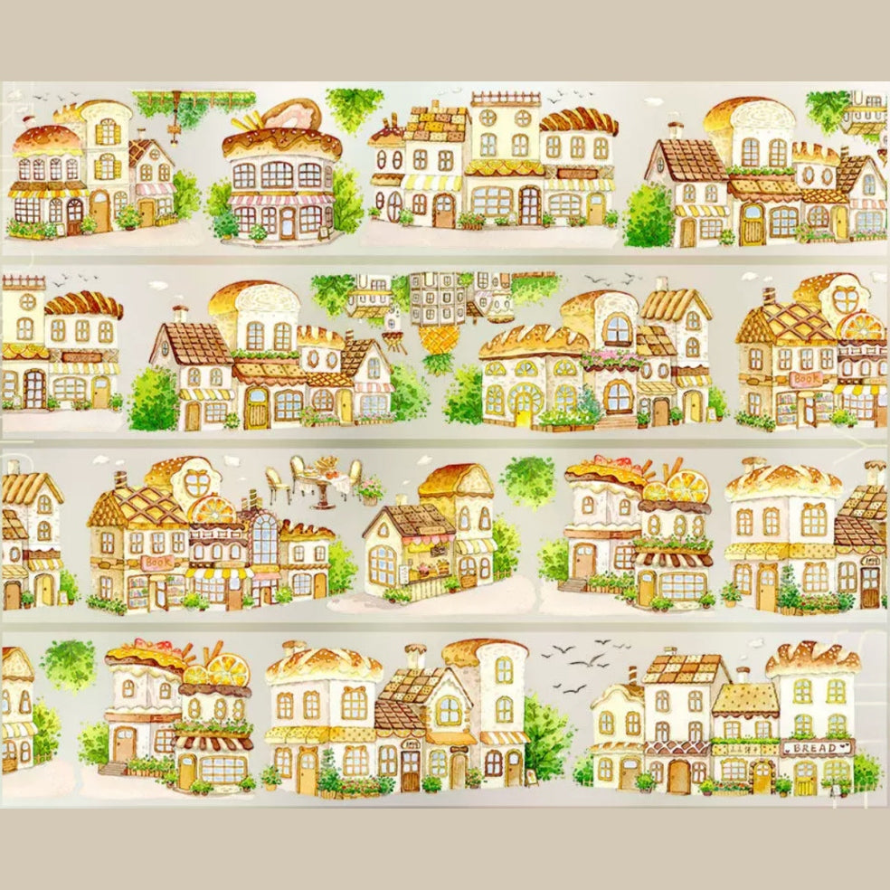 Bakery town decorative tape with cozy storefronts, village houses, and warm bakery street scenes