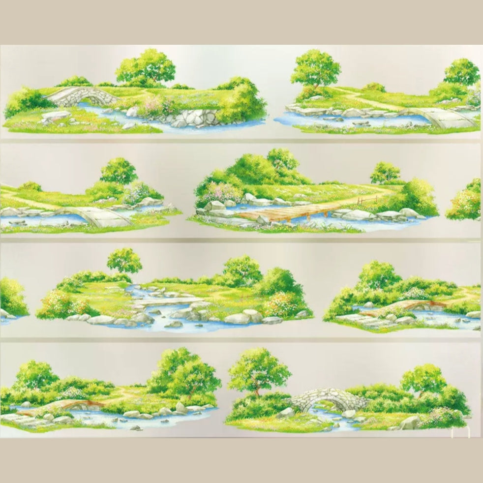 Summer countryside decorative tape with rivers, trees, grassy banks, and warm rural scenery
