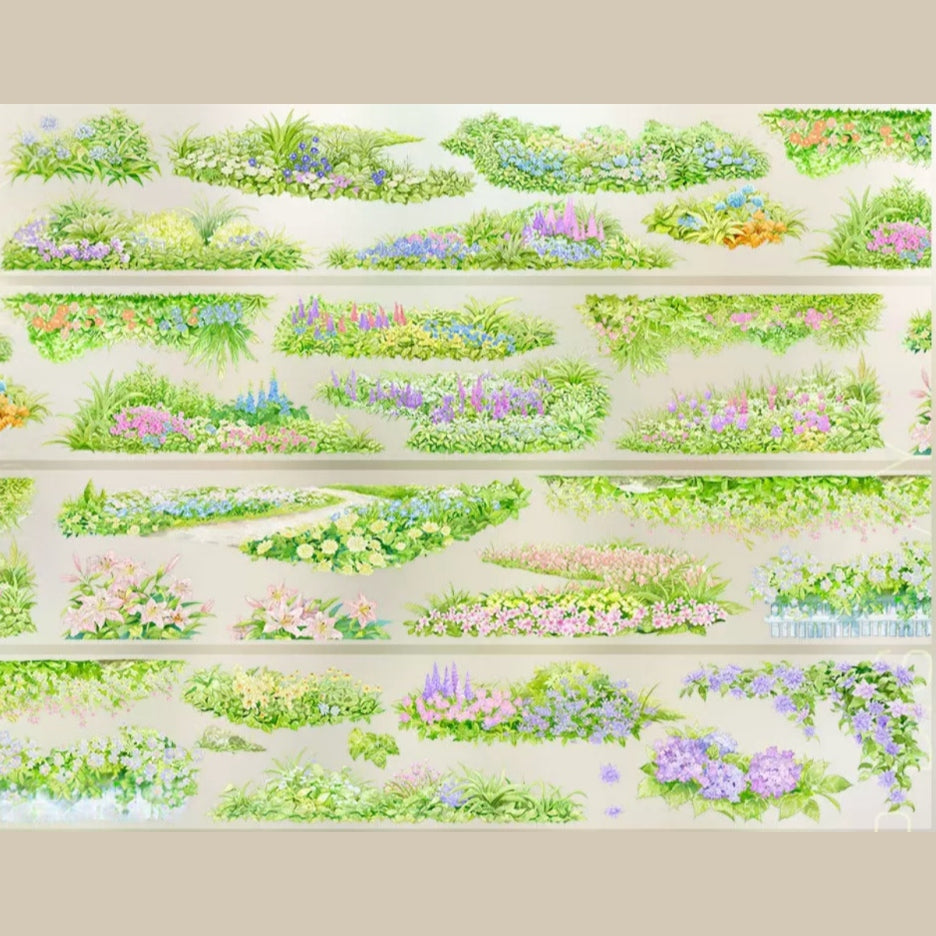 Warm bloom field decorative tape with meadow flowers, grasses, and soft field border scenes
