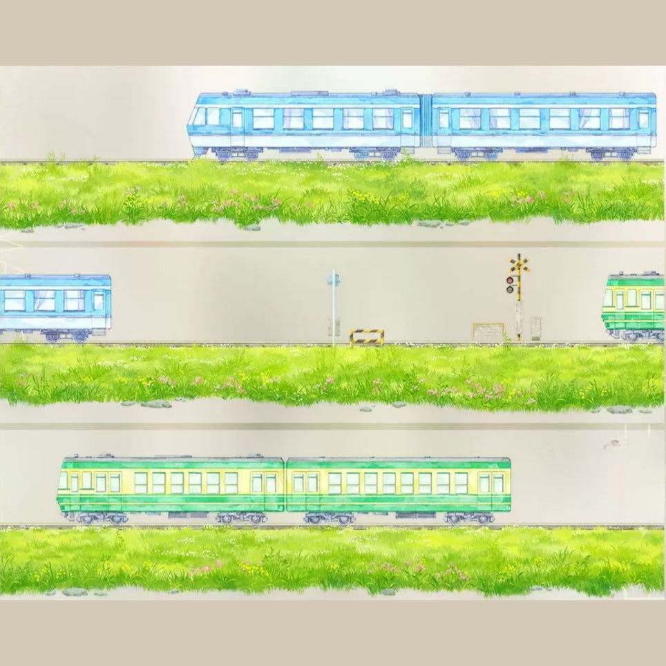 Countryside slow travel decorative tape with green fields, flowers, paths, and gentle rural scenery