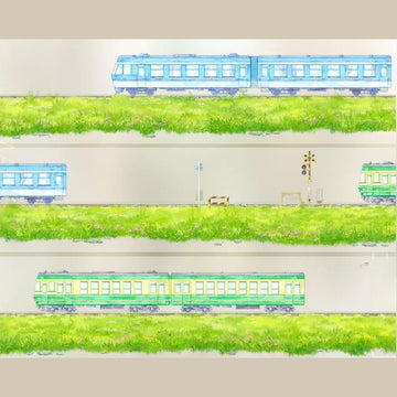 Countryside slow travel decorative tape with green fields, flowers, paths, and gentle rural scenery