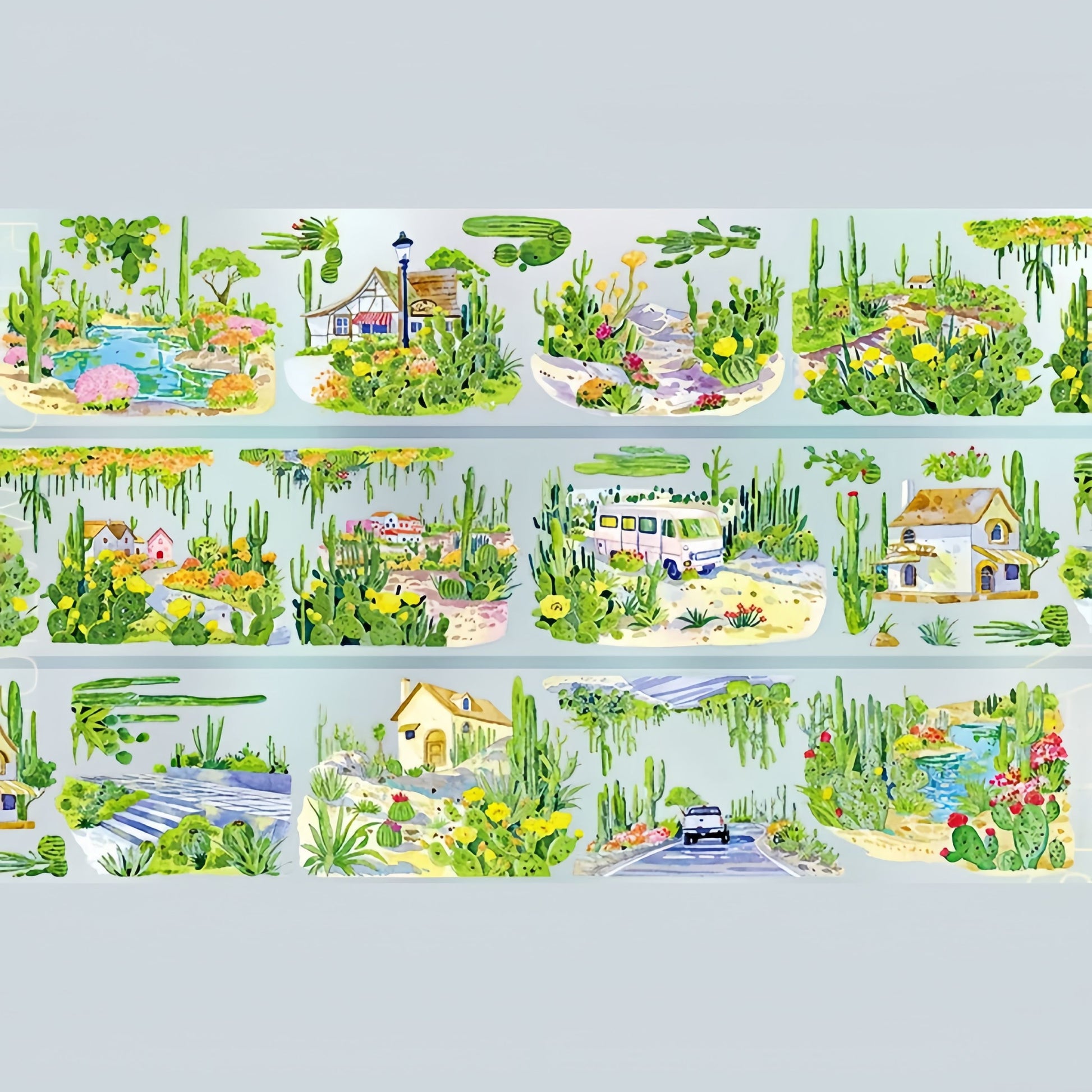 Cactus town decorative tape with village houses, cactus gardens, paths, and sunny botanical scenes