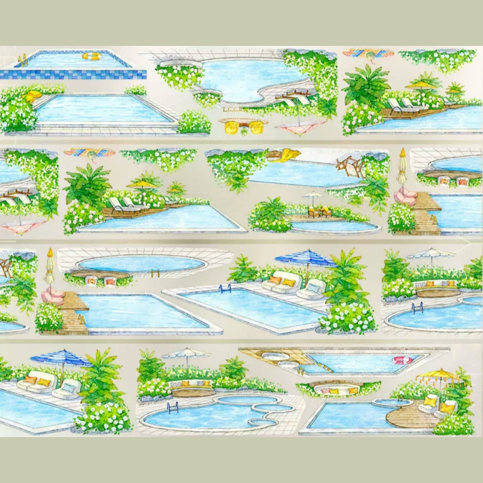 Summer pool decorative tape with blue swimming pools, poolside plants, and sunny water scenes