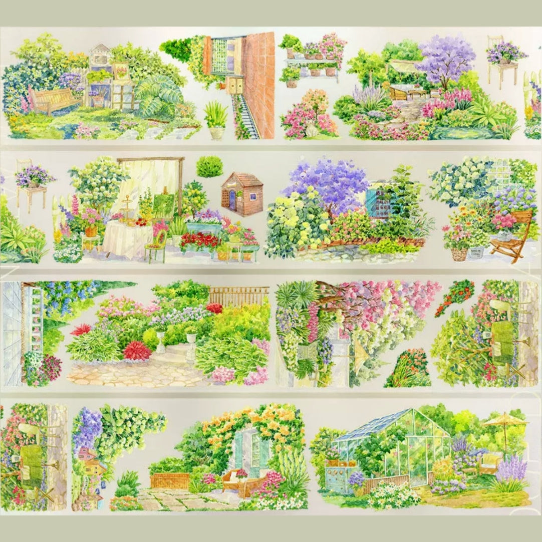 Little garden decorative tape with flower beds, trees, gates, benches, and lush greenery