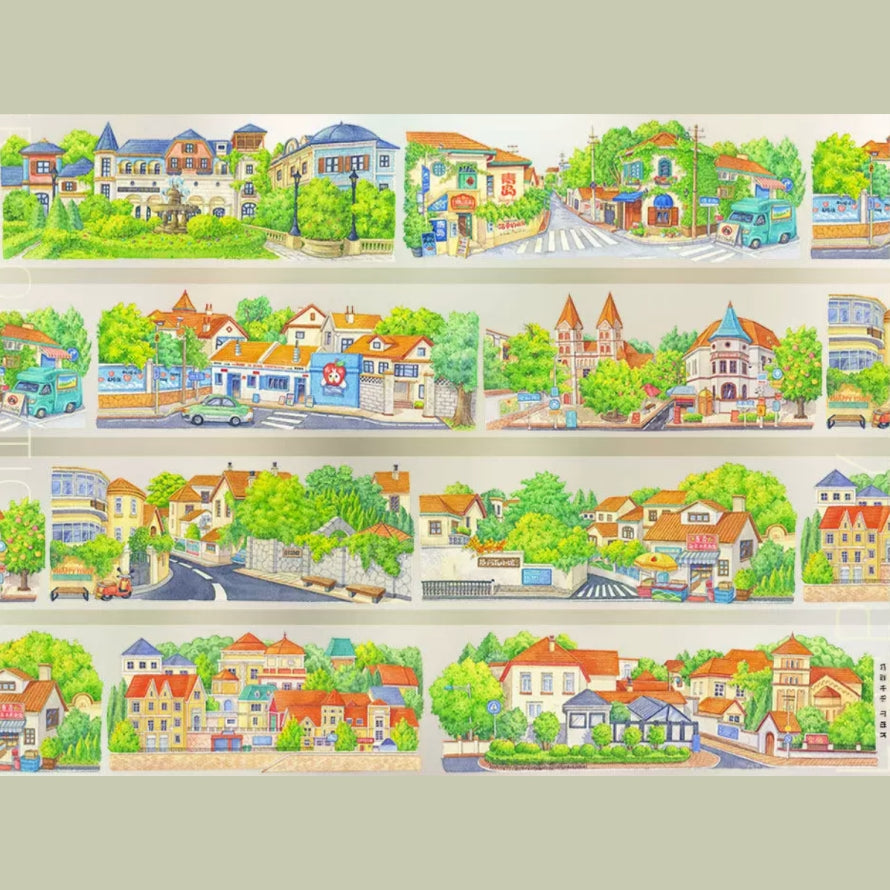 Seaside holiday town decorative tape with colorful cottages, beach streets, and summer waterfront views