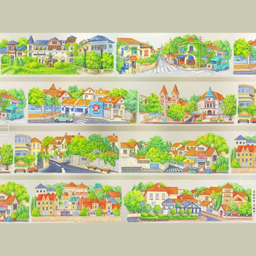 Seaside holiday town decorative tape with colorful cottages, beach streets, and summer waterfront views