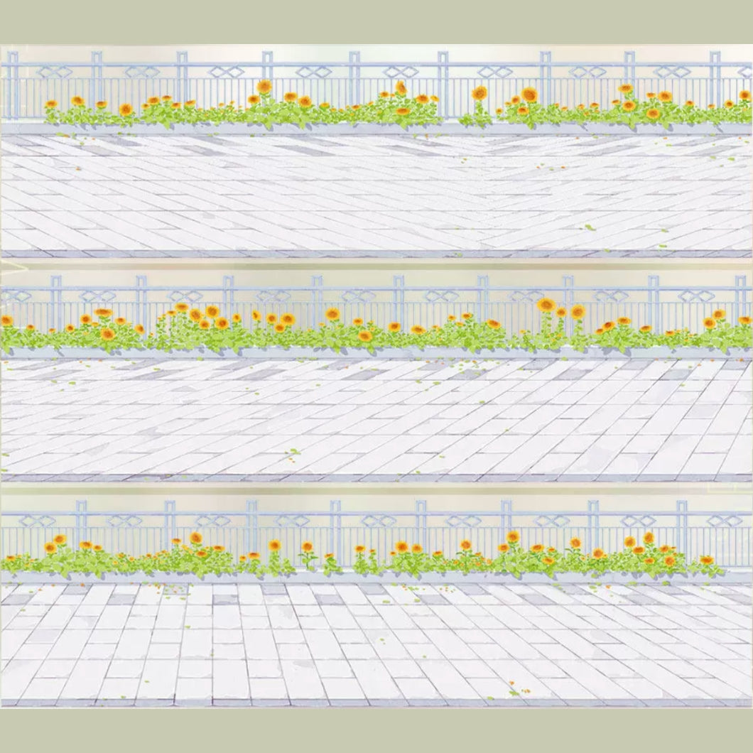 Flower railing and pavement decorative tape with pale stone paths and small yellow blooms