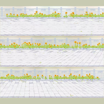 Flower railing and pavement decorative tape with pale stone paths and small yellow blooms