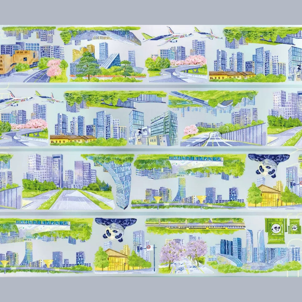 Chengdu cityscape decorative tape with modern buildings, bridges, parks, and leafy streets