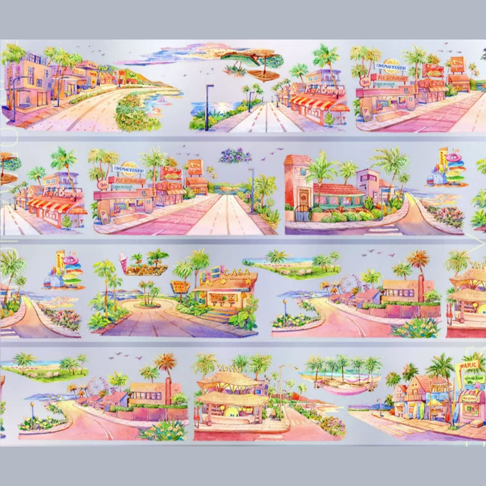 Twilight waterfront town decorative tape with pastel streets, palm trees, water, and sunset sky