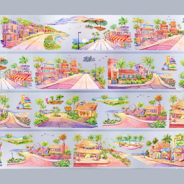 Twilight waterfront town decorative tape with pastel streets, palm trees, water, and sunset sky