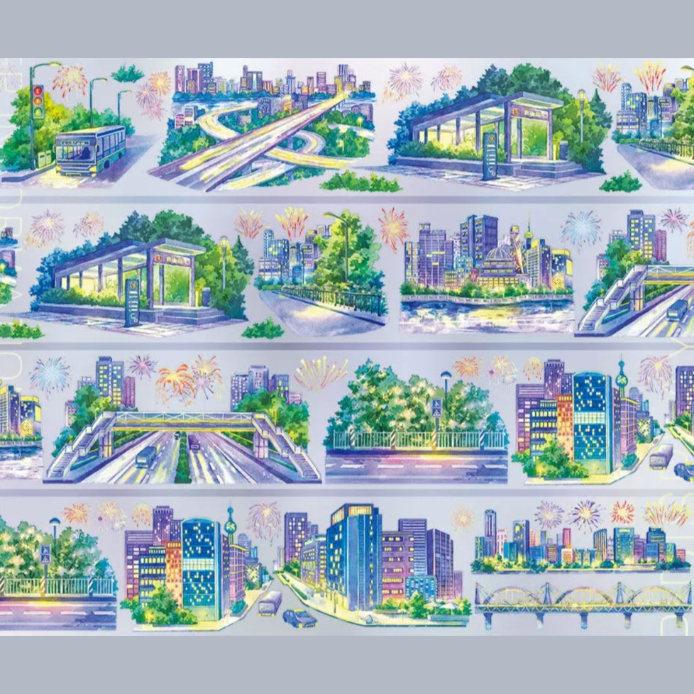 Modern cityscape decorative tape with bridges, streets, buildings, and urban greenery
