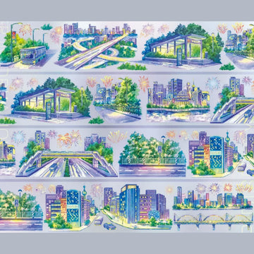 Modern cityscape decorative tape with bridges, streets, buildings, and urban greenery