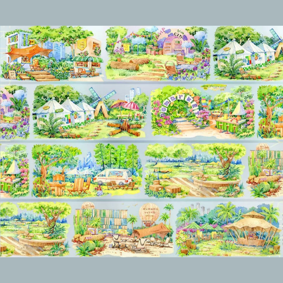 City camping decorative tape with tents, neighborhood buildings, parks, and cozy urban outdoor scenes