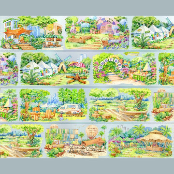 City camping decorative tape with tents, neighborhood buildings, parks, and cozy urban outdoor scenes