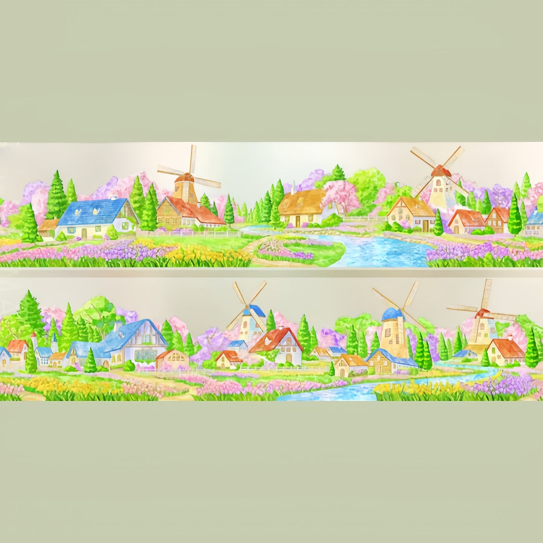 Flower field windmill decorative tape with pastel fields, cottages, streams, and countryside scenery
