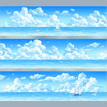 Blue sea horizon decorative tape with white clouds, sailboats, and dreamy summer sky