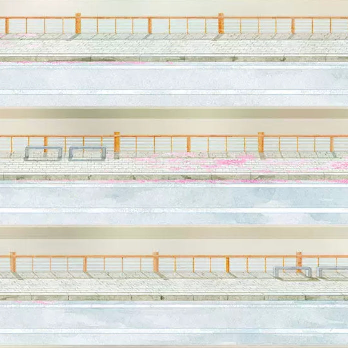 Street road decorative tape with orange railings, pale pavement, and simple urban roadside panels