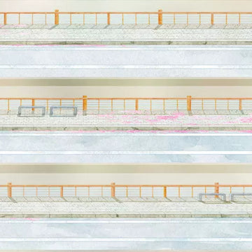 Street road decorative tape with orange railings, pale pavement, and simple urban roadside panels