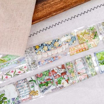 Patchwork countryside scenes, flowers, and vintage labels on PET tape