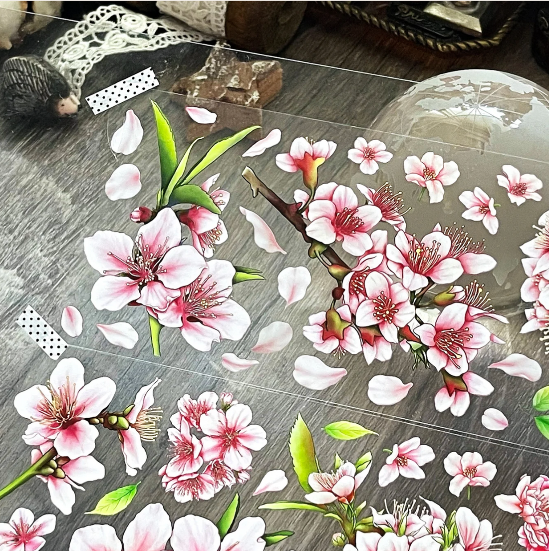 Pink cherry blossoms and drifting petals on PET tape