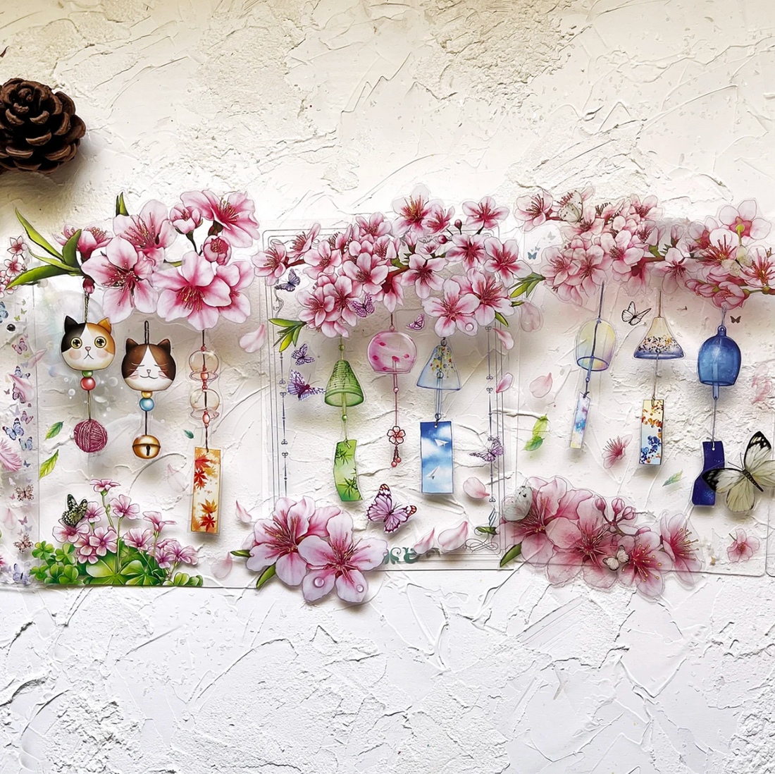 Pink cherry blossoms and drifting petals on PET tape