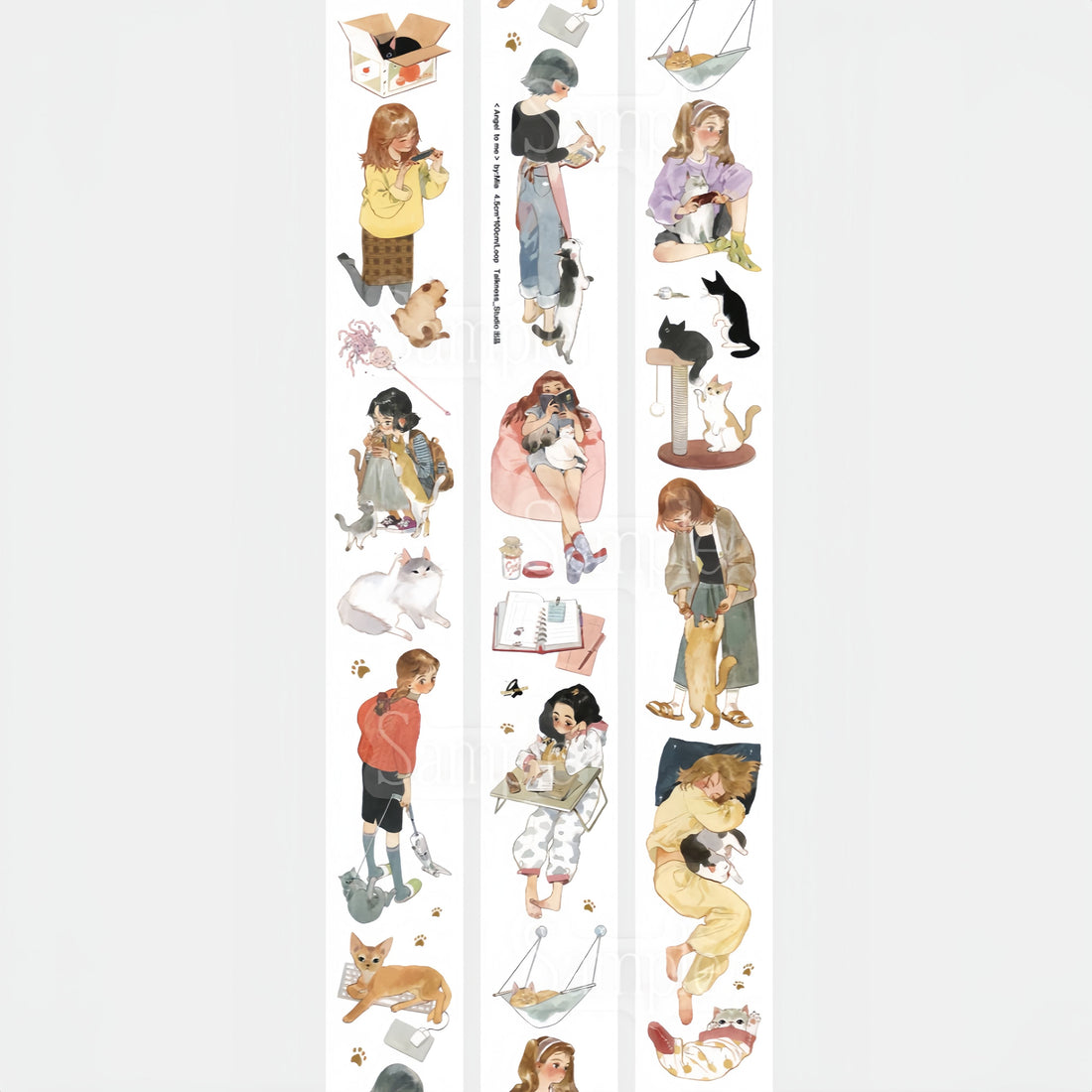 Washi tape of girls cuddling, feeding, and playing with their pet cats