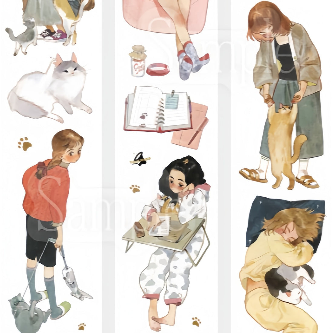 Washi tape of girls cuddling, feeding, and playing with their pet cats