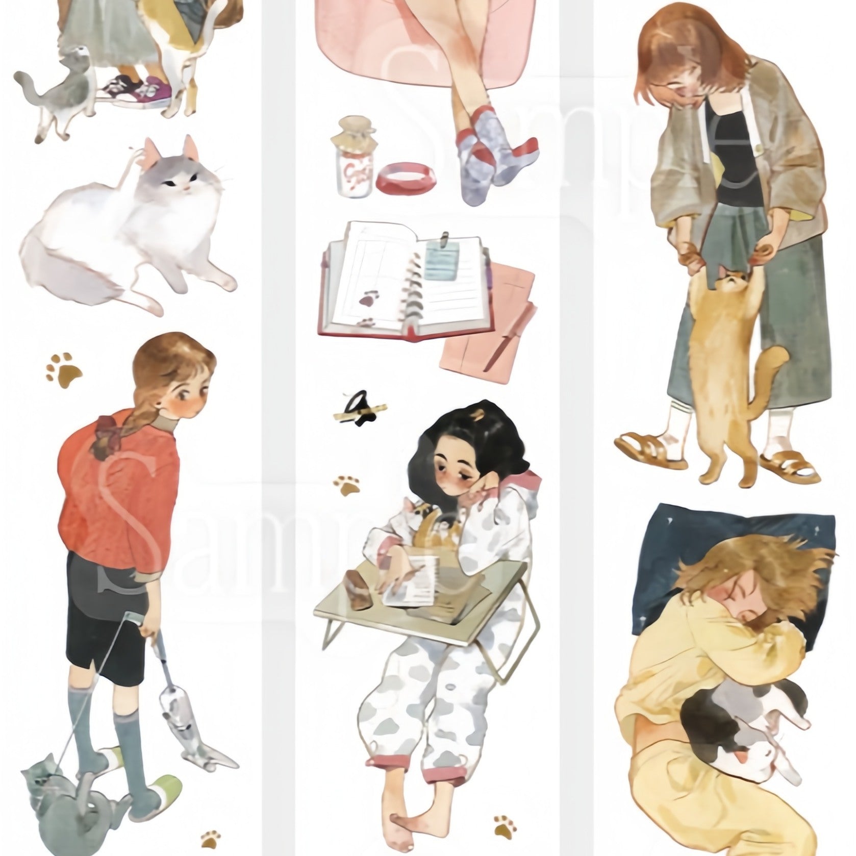 Washi tape of girls cuddling, feeding, and playing with their pet cats